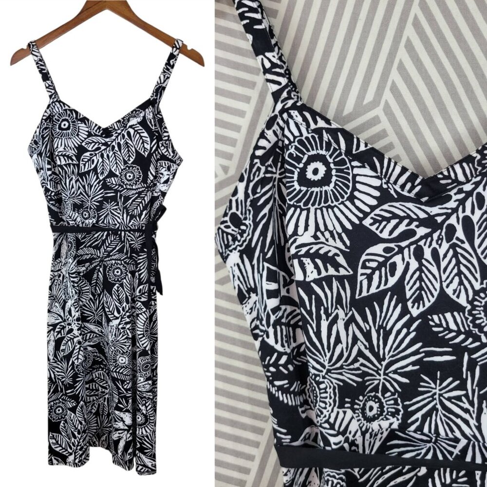 Catherine Stewart Dress Sz 8 Floral Black White Tropical Tie Waist Knee Length